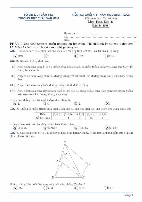 Đề thi Học kì 1 Toán 11 năm 2025-2026 trường THPT Châu Văn Liêm (Cần Thơ)
